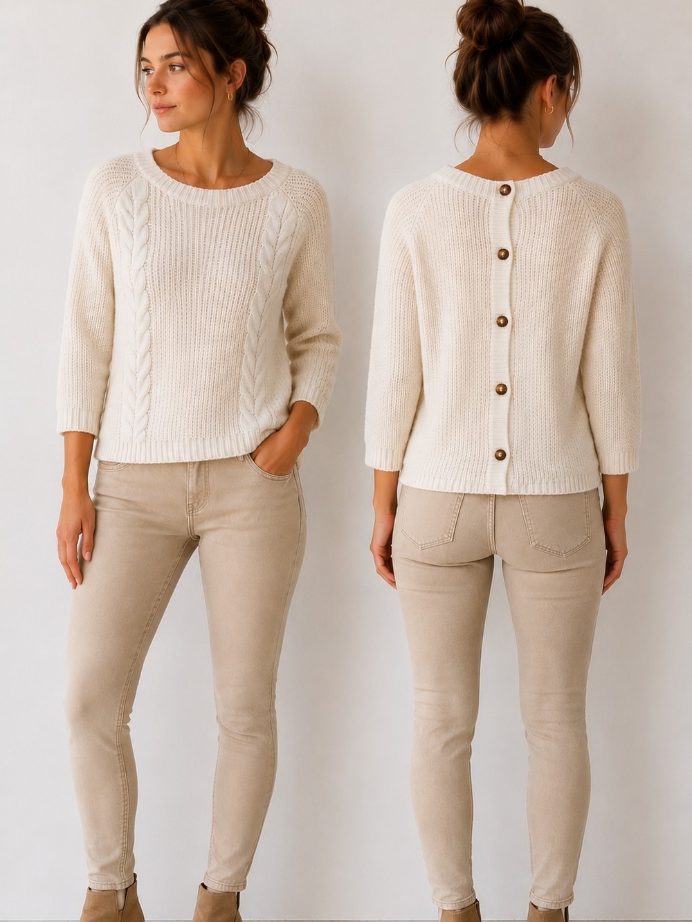 CYNTHIA ROWLEY 100% Cotton Ivory Cable Knit Button Back Sweater Women's Size S